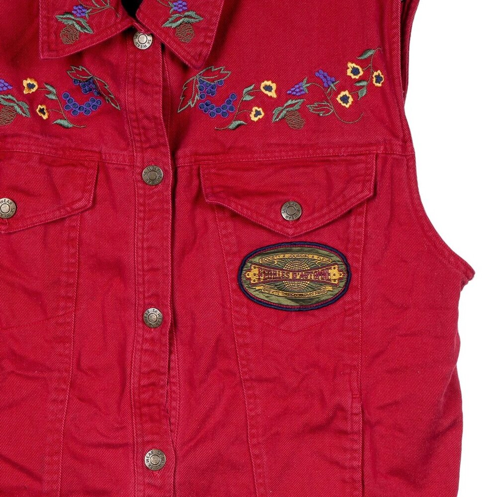 Boho Jean Vest VTG L Denim Red Buttons Embroidered Floral Grapes Indie Festival - Picture 3 of 6